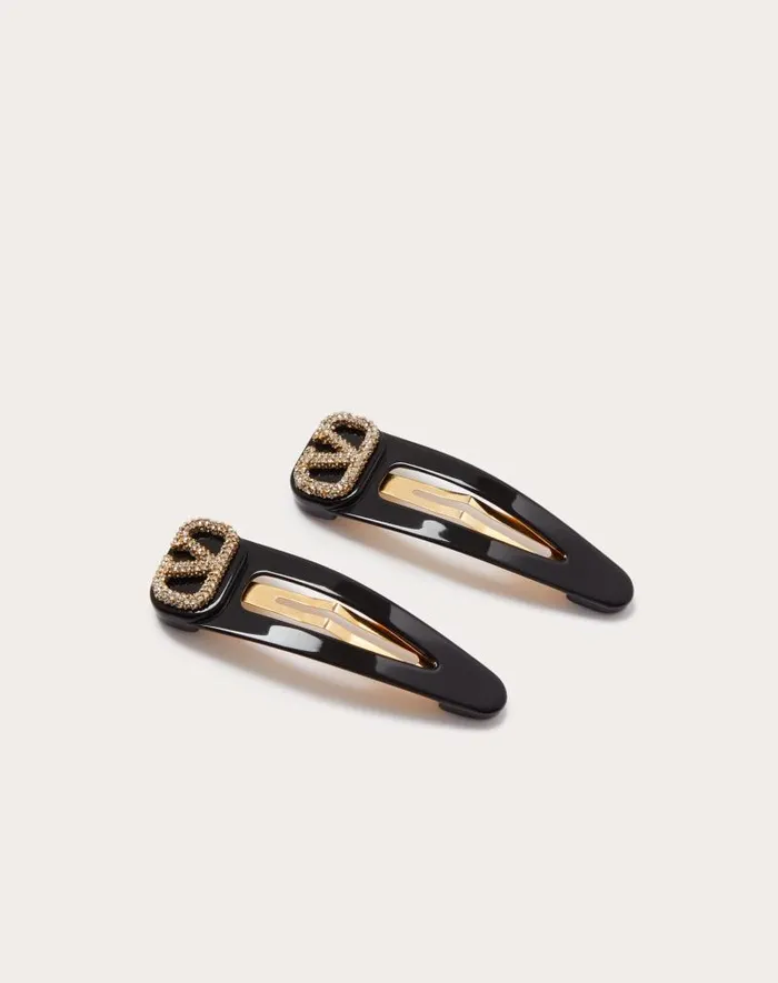 Valentino Hair Accessories Woman Vlogo Signature Metal And Resin Hair Clips With Swarovski Crystals For Woman In Blackgoldcrystal Blackgoldcrystal Valentino Hair Accessories Woman Vlogo Signature Metal And Resin Hair Clips With Swarovski Crystals For Woman In Blackgoldcrystal Blackgoldcrystal