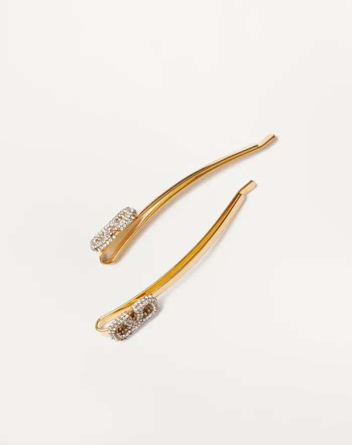 Valentino Hair Accessories Woman Vlogo Signature Metal And Swarovski Crystal Hair Clip For Woman In Gold Gold Valentino Hair Accessories Woman Vlogo Signature Metal And Swarovski Crystal Hair Clip For Woman In Gold Gold