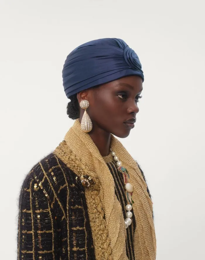 Valentino Hats And Gloves Woman Rigid Silk Turban For Woman In Bluegold Bluegold Valentino Hats And Gloves Woman Rigid Silk Turban For Woman In Bluegold Bluegold