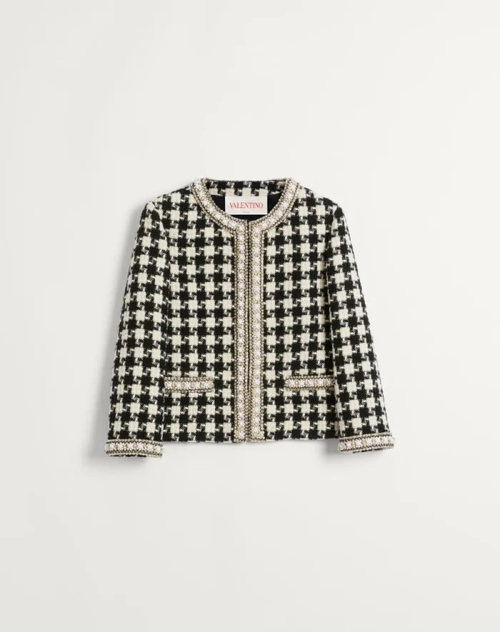 Valentino Jackets And Blazers Woman Embroidered Jacket In Damier Light Tweed For Woman In White Black White Black Valentino Jackets And Blazers Woman Embroidered Jacket In Damier Light Tweed For Woman In White Black White Black