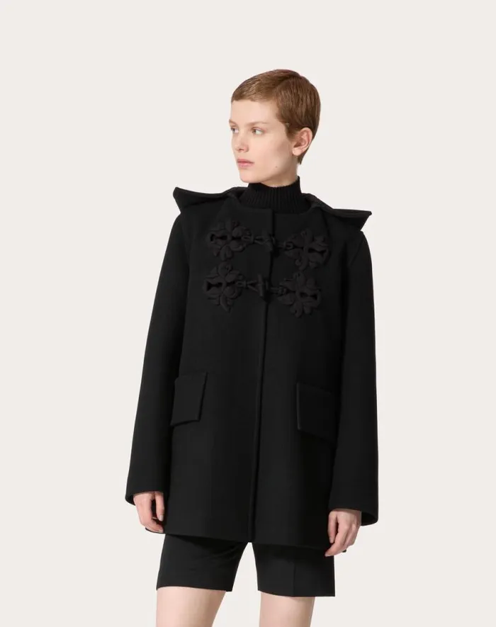 Valentino Jackets And Blazers Woman Pea Coat In Embroidered Compact Coat For Woman In Black Black