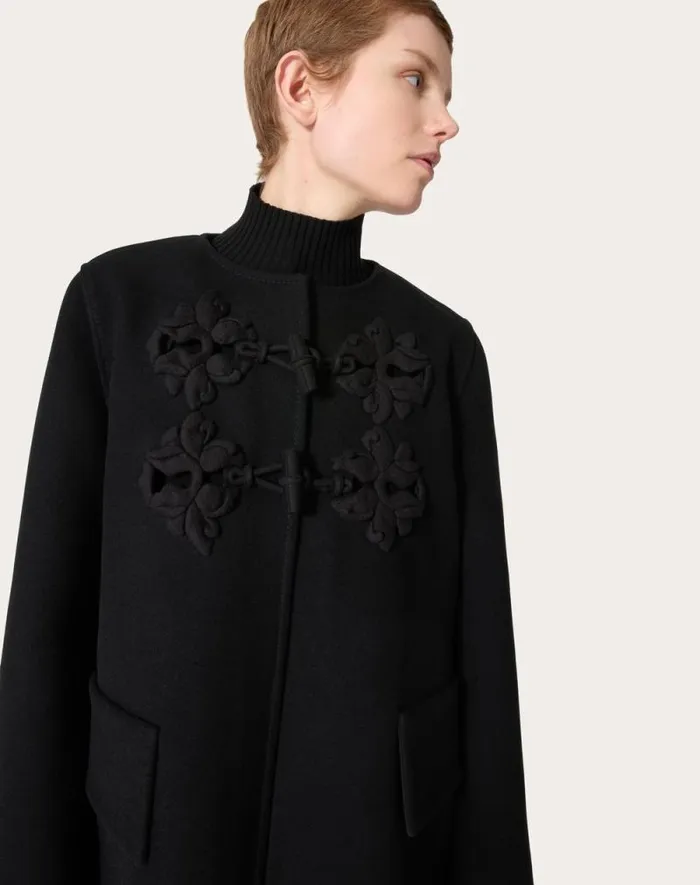 Valentino Jackets And Blazers Woman Pea Coat In Embroidered Compact Coat For Woman In Black Black