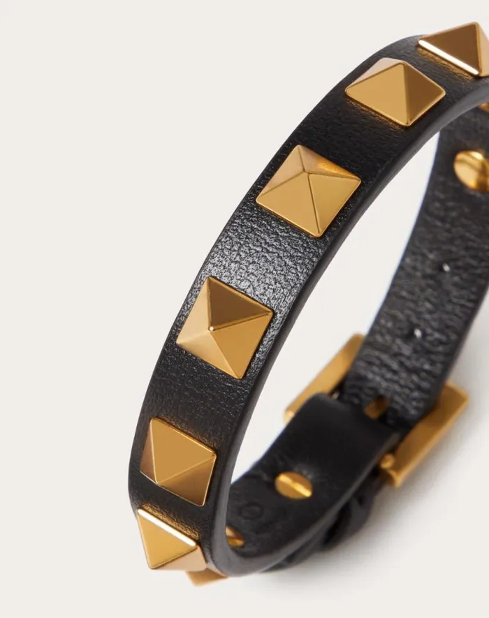 Valentino Jewelry Man Rockstud Bracelet In Leather And Metal For Man In Black Black