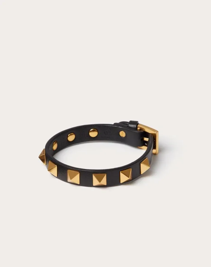 Valentino Jewelry Man Rockstud Bracelet In Leather And Metal For Man In Black Black