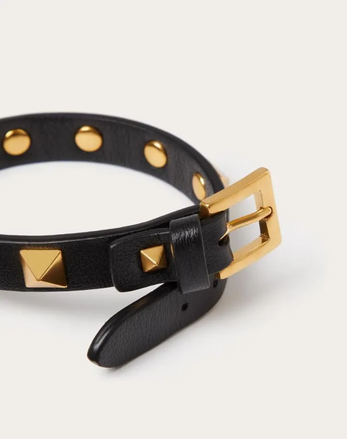 Valentino Jewelry Man Rockstud Bracelet In Leather And Metal For Man In Black Black