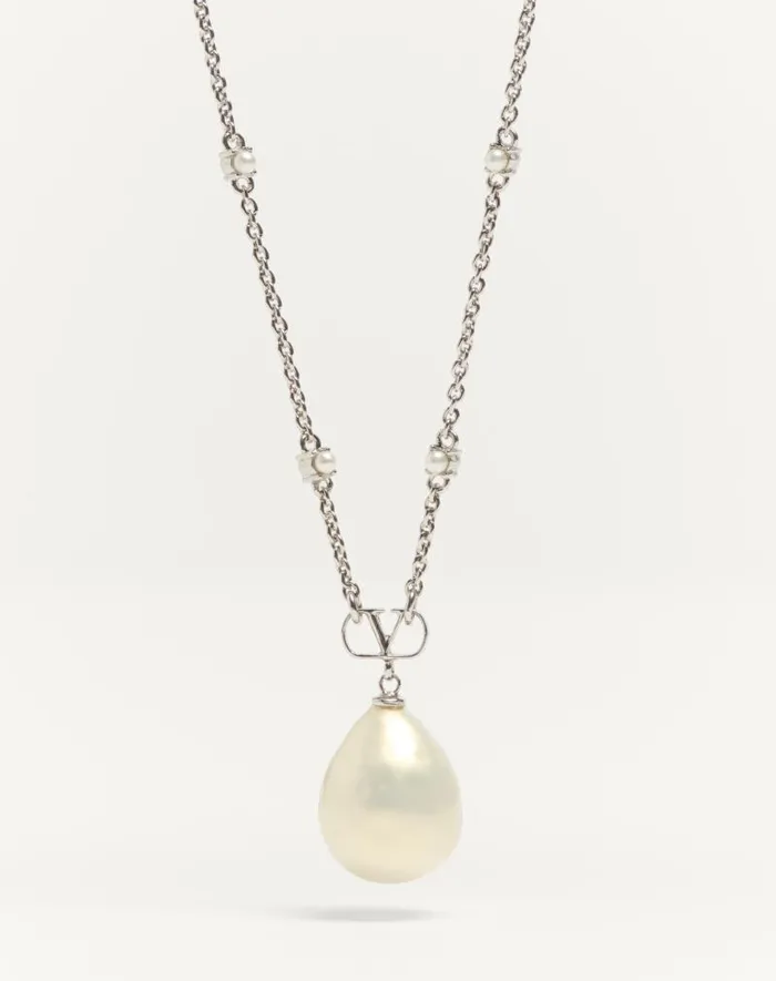 Valentino Jewelry Man Vlogo Signature Metal Pearl And Swarovski Crystal Necklace For Man In Palladiumcreamcrystal Palladiumcreamcrystal