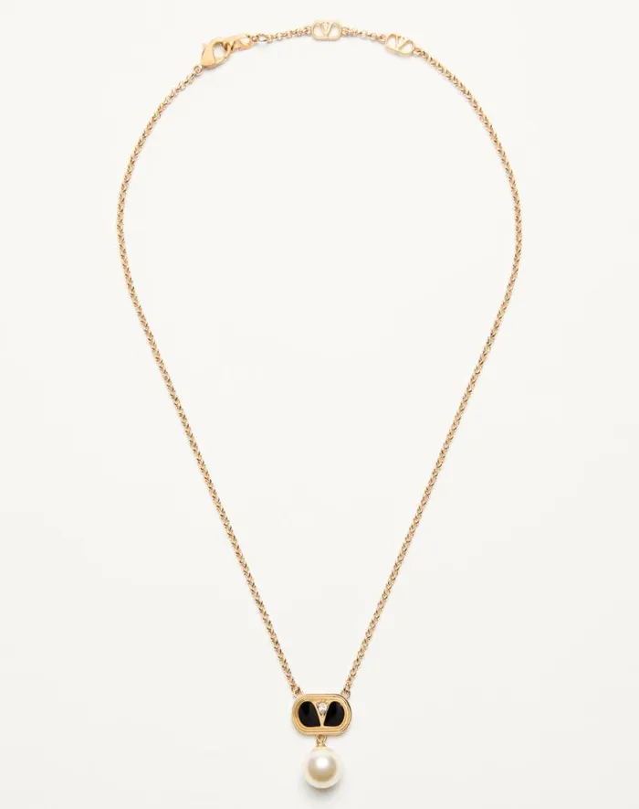Valentino Jewelry Woman Ovalette Metal Necklace With Enamel Crystal And Swarovski Pearl For Woman In Goldblackcrystalcream Goldblackcrystalcream Valentino Jewelry Woman Ovalette Metal Necklace With Enamel Crystal And Swarovski Pearl For Woman In Goldblackcrystalcream Goldblackcrystalcream