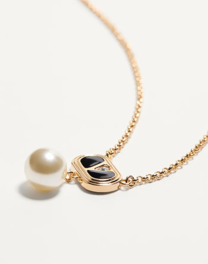 Valentino Jewelry Woman Ovalette Metal Necklace With Enamel Crystal And Swarovski Pearl For Woman In Goldblackcrystalcream Goldblackcrystalcream