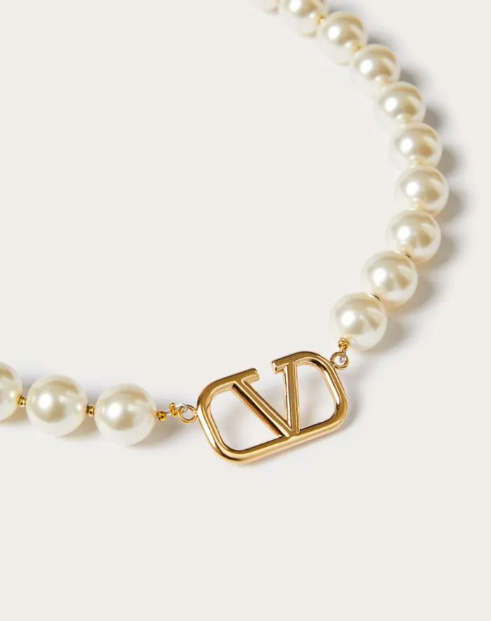 Valentino Jewelry Woman Vlogo Signature Metal Necklace With Swarovski Pearls For Woman In Gold Gold