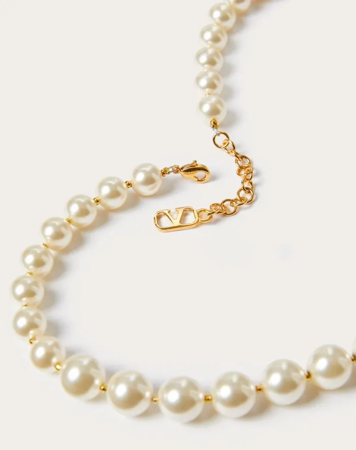 Valentino Jewelry Woman Vlogo Signature Metal Necklace With Swarovski Pearls For Woman In Gold Gold