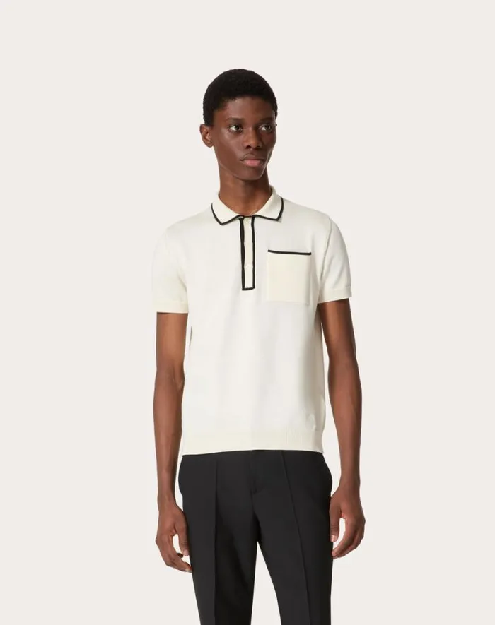 Valentino Knitwear Man Cotton Polo Shirt With Signature Vlogo Embroidery For Man In Ivory Ivory Valentino Knitwear Man Cotton Polo Shirt With Signature Vlogo Embroidery For Man In Ivory Ivory