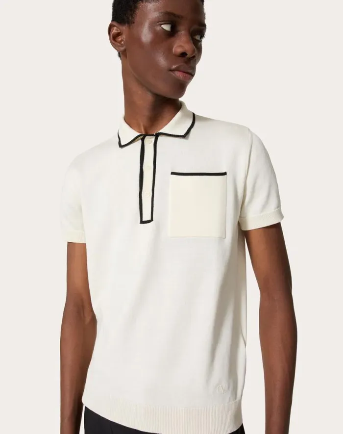 Valentino Knitwear Man Cotton Polo Shirt With Signature Vlogo Embroidery For Man In Ivory Ivory Valentino Knitwear Man Cotton Polo Shirt With Signature Vlogo Embroidery For Man In Ivory Ivory