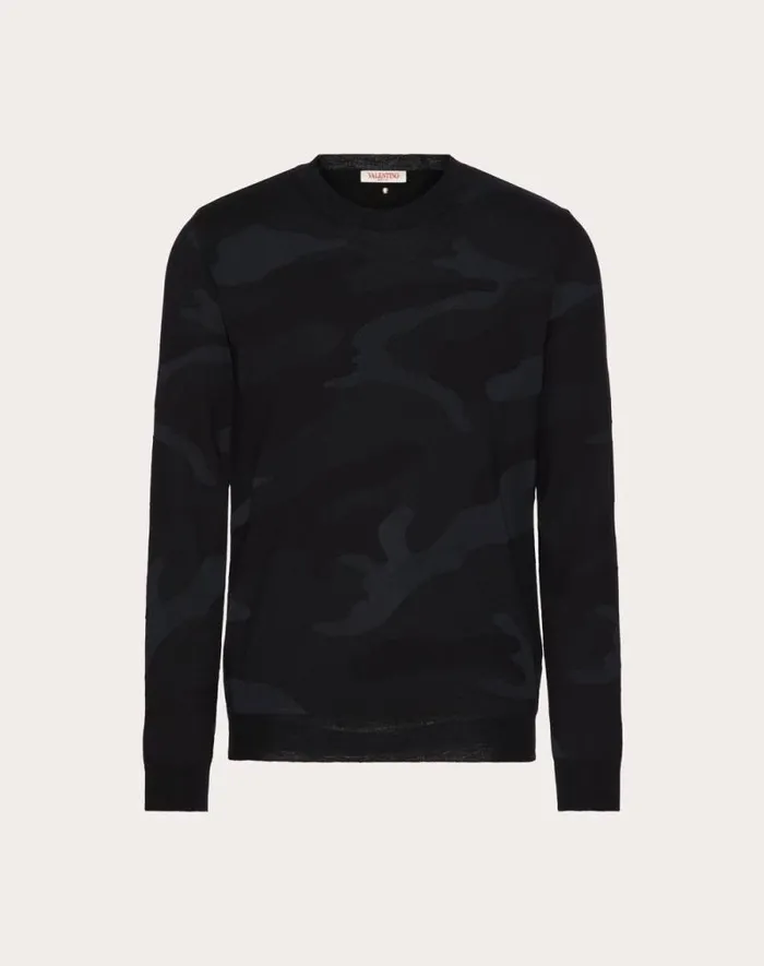 Valentino Knitwear Man Crewneck Wool Sweater With Camounoir Pattern For Man In Black Black Valentino Knitwear Man Crewneck Wool Sweater With Camounoir Pattern For Man In Black Black