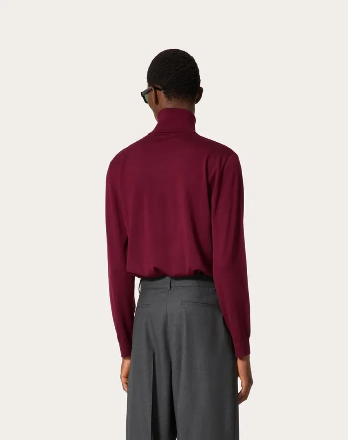 Valentino Knitwear Man Highneck Wool Sweater With Vlogo Signature Embroidery For Man In Maroon Maroon
