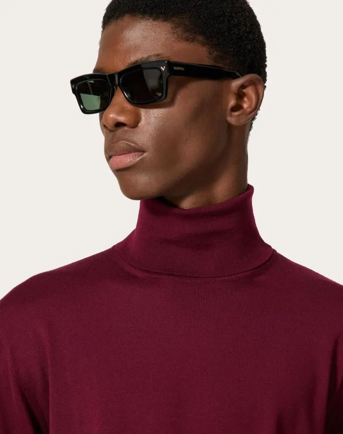 Valentino Knitwear Man Highneck Wool Sweater With Vlogo Signature Embroidery For Man In Maroon Maroon