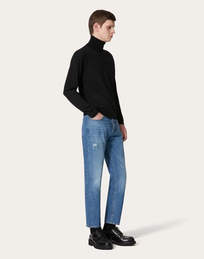 Valentino Knitwear Man Highneck Wool Sweater With Vlogo Signature Embroidery For Man In Maroon Maroon