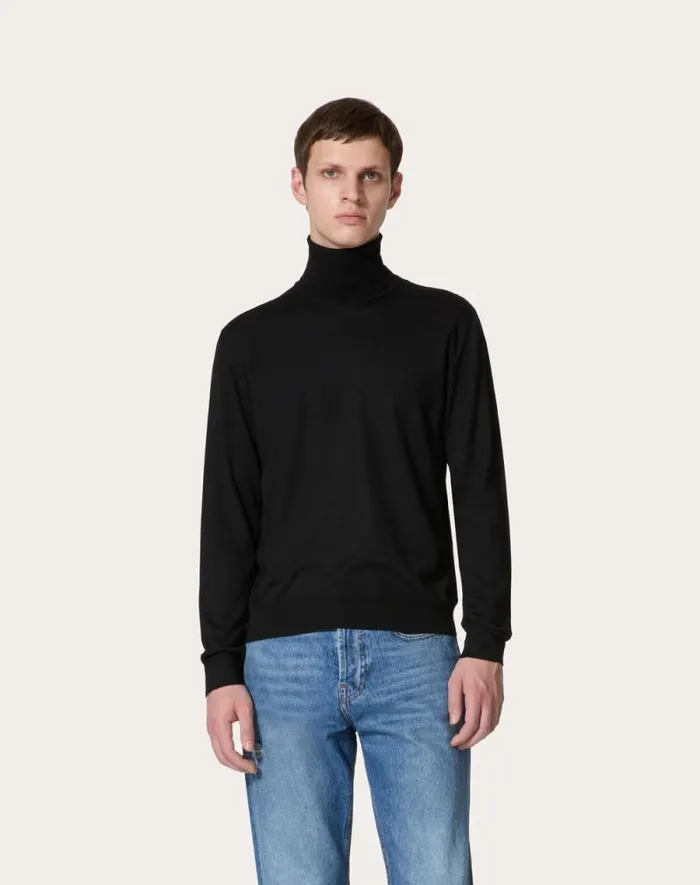 Valentino Knitwear Man Highneck Wool Sweater With Vlogo Signature Embroidery For Man In Maroon Maroon