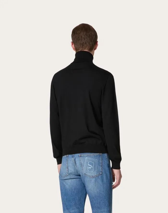 Valentino Knitwear Man Highneck Wool Sweater With Vlogo Signature Embroidery For Man In Maroon Maroon