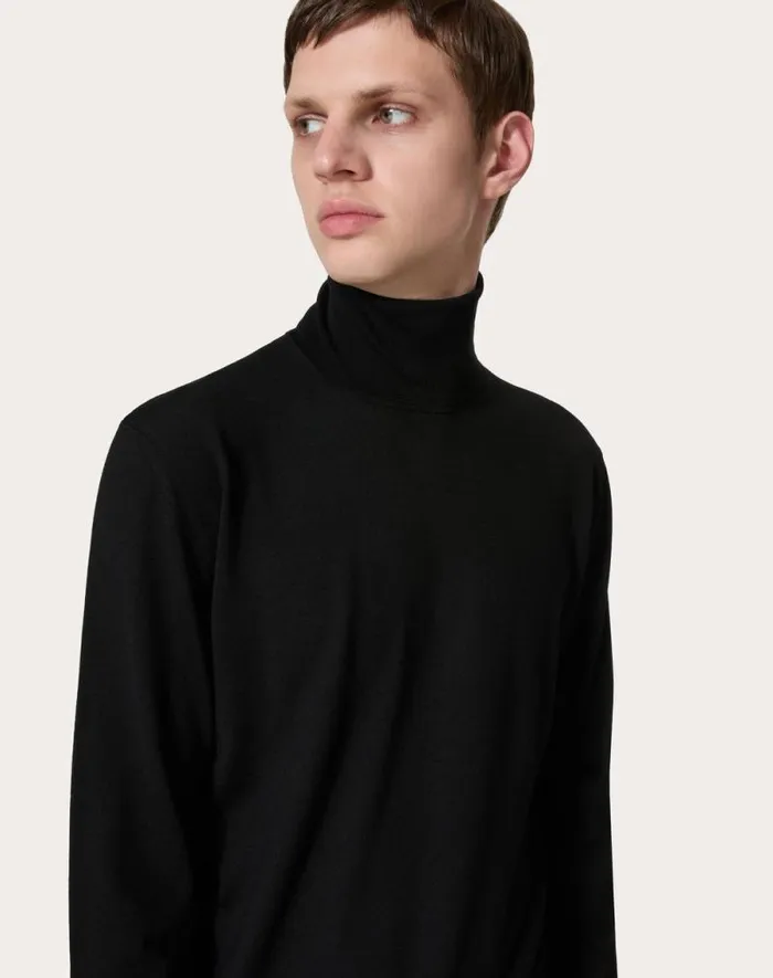 Valentino Knitwear Man Highneck Wool Sweater With Vlogo Signature Embroidery For Man In Maroon Maroon