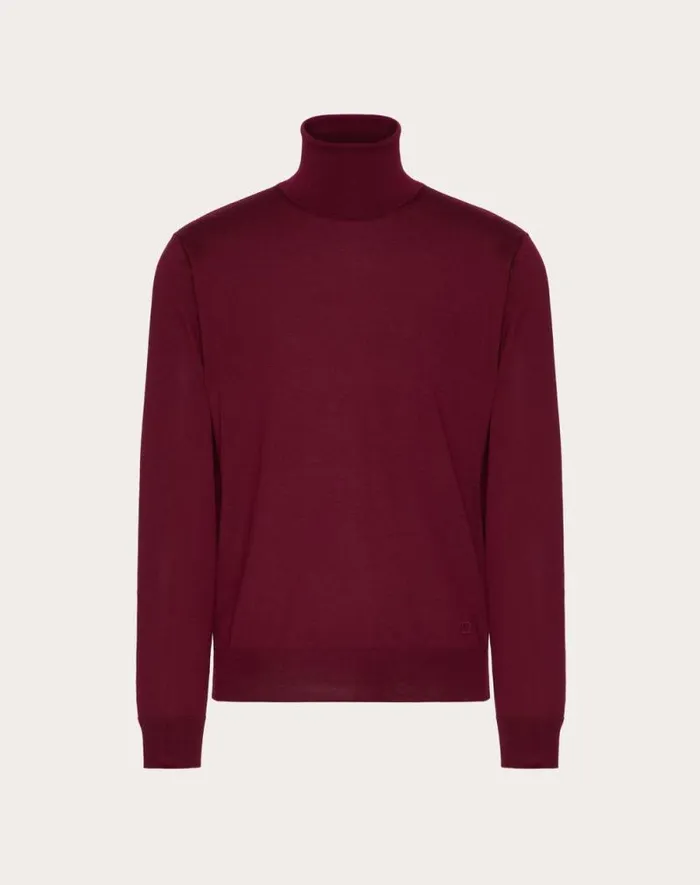 Valentino Knitwear Man Highneck Wool Sweater With Vlogo Signature Embroidery For Man In Maroon Maroon