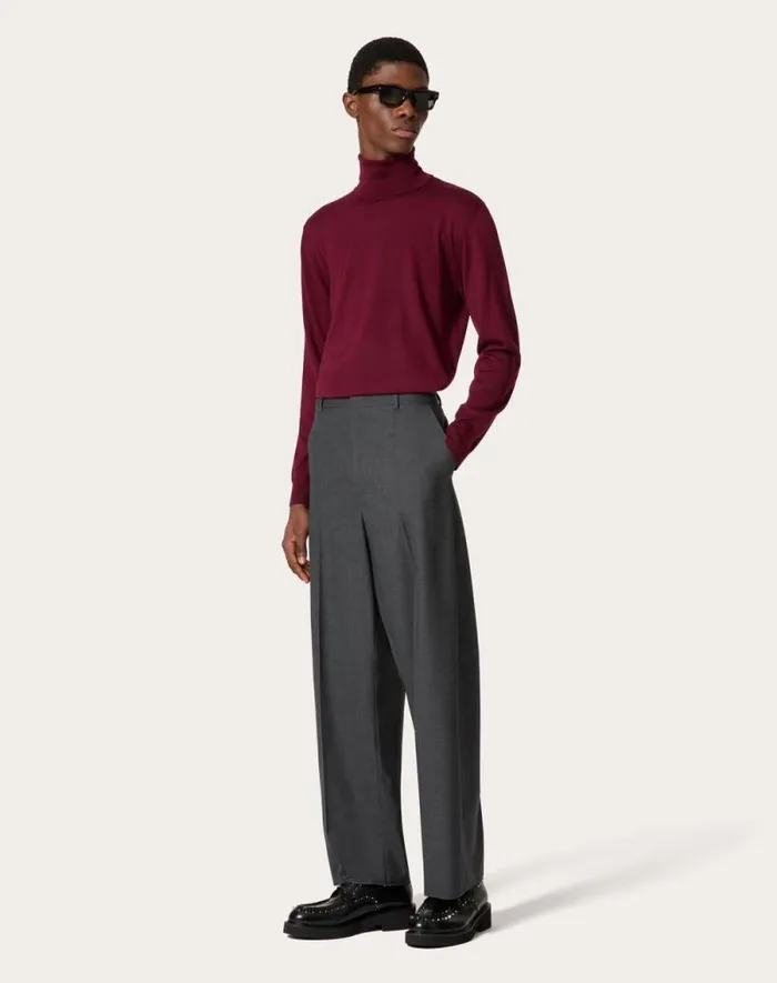 Valentino Knitwear Man Highneck Wool Sweater With Vlogo Signature Embroidery For Man In Maroon Maroon
