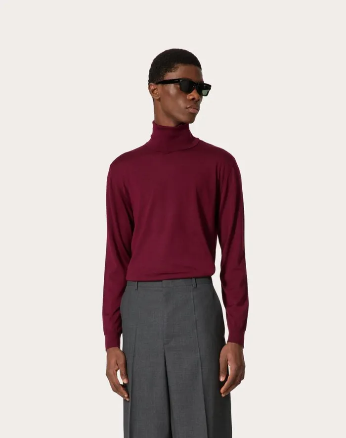 Valentino Knitwear Man Highneck Wool Sweater With Vlogo Signature Embroidery For Man In Maroon Maroon
