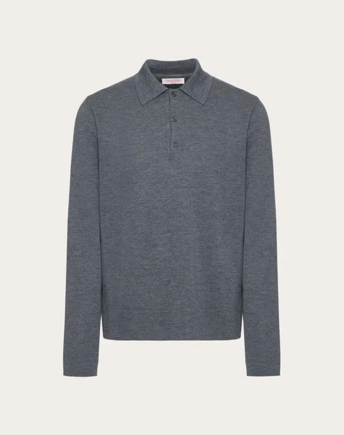 Valentino Knitwear Man Longsleeve Wool Polo Shirt With Vlogo Signature Embroidery For Man In Black Black