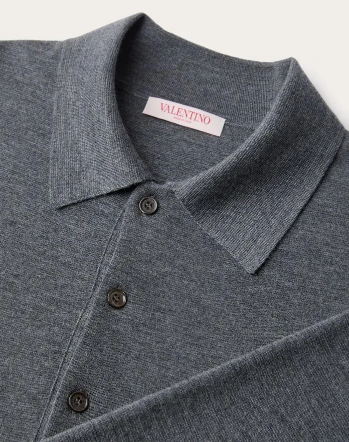Valentino Knitwear Man Longsleeve Wool Polo Shirt With Vlogo Signature Embroidery For Man In Black Black