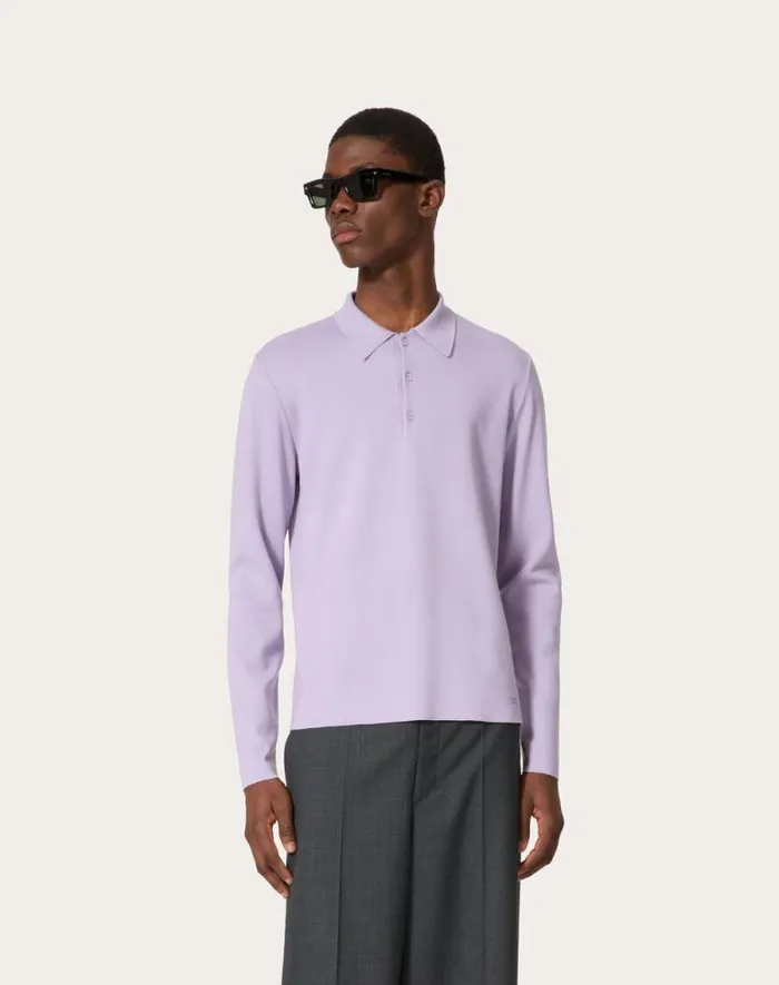 Valentino Knitwear Man Longsleeve Wool Polo Shirt With Vlogo Signature Embroidery For Man In Black Black