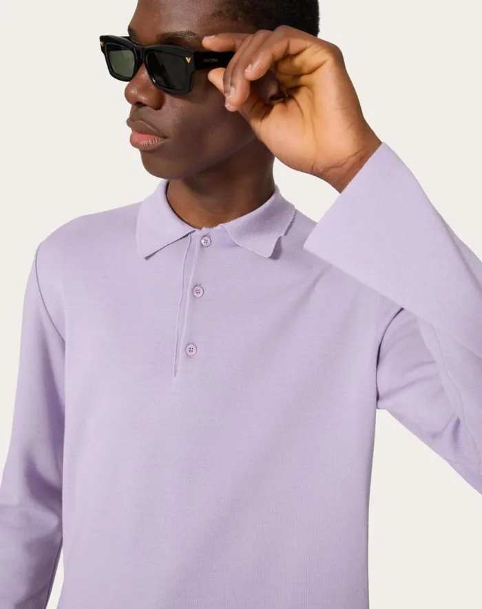 Valentino Knitwear Man Longsleeve Wool Polo Shirt With Vlogo Signature Embroidery For Man In Black Black