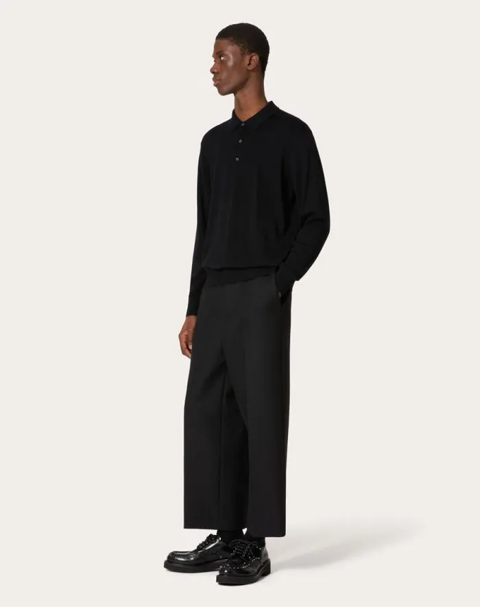 Valentino Knitwear Man Longsleeve Wool Polo Shirt With Vlogo Signature Embroidery For Man In Black Black