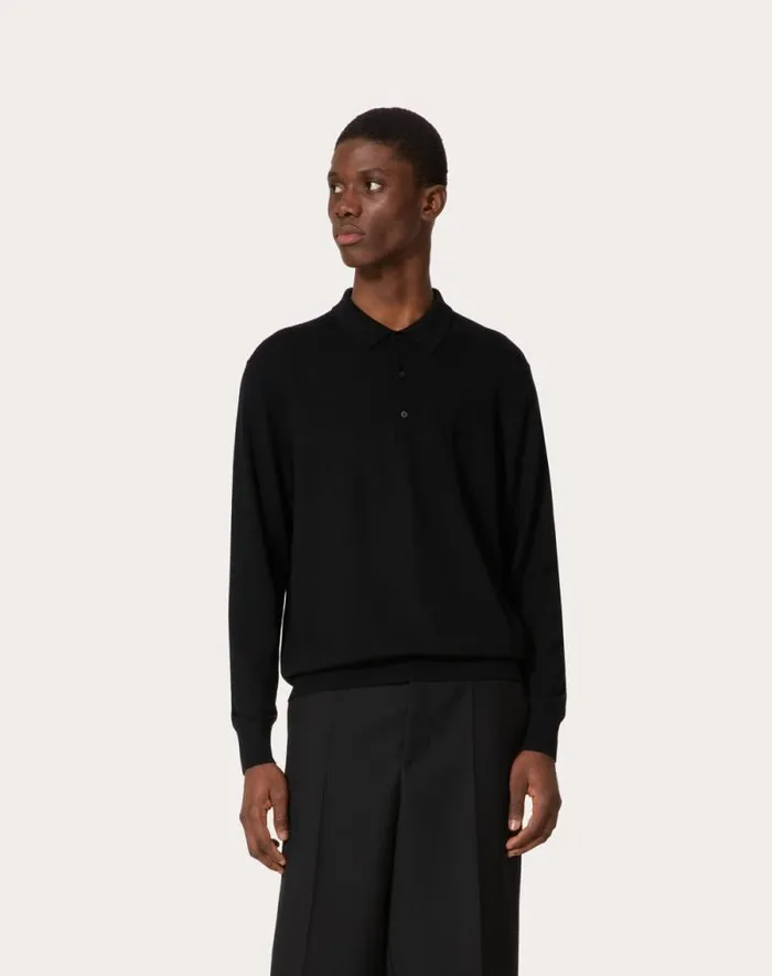 Valentino Knitwear Man Longsleeve Wool Polo Shirt With Vlogo Signature Embroidery For Man In Black Black