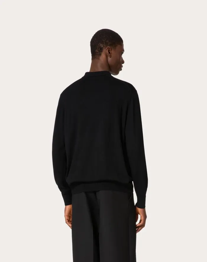 Valentino Knitwear Man Longsleeve Wool Polo Shirt With Vlogo Signature Embroidery For Man In Black Black