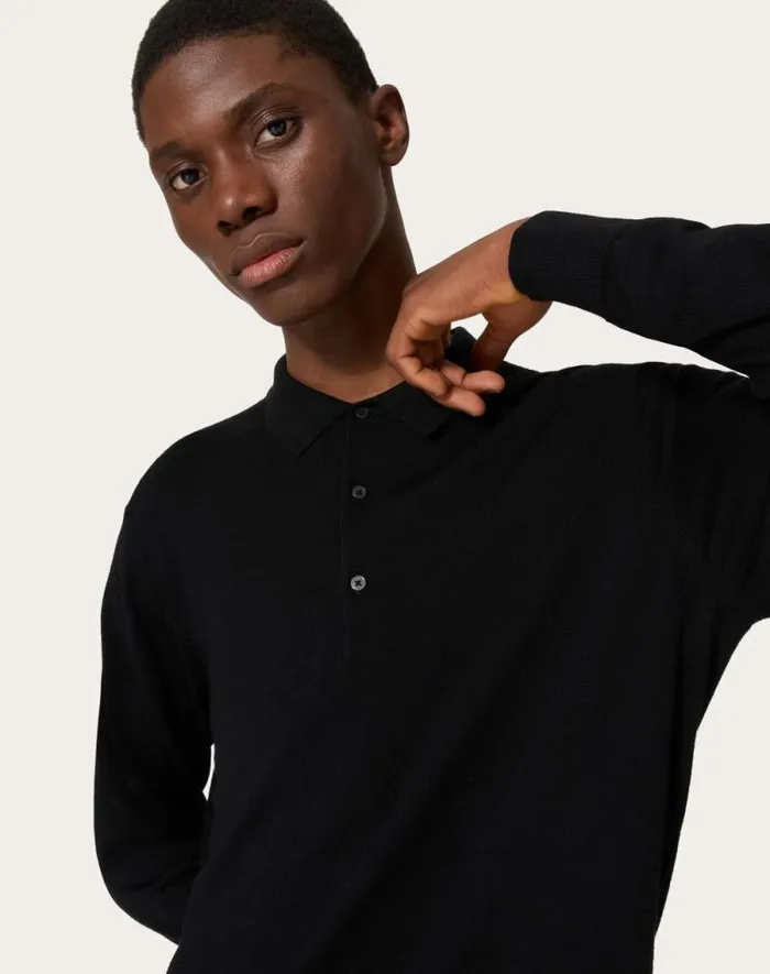 Valentino Knitwear Man Longsleeve Wool Polo Shirt With Vlogo Signature Embroidery For Man In Black Black