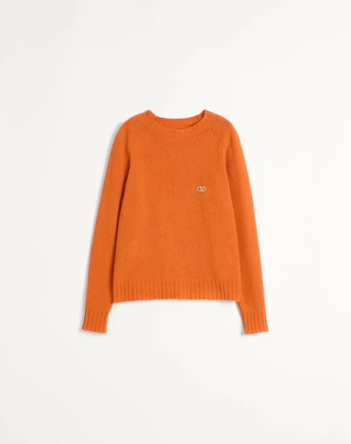 Valentino Knitwear Man Shetland Wool Crewneck Sweater With Vlogo Embroidery For Man In Orange Orange Valentino Knitwear Man Shetland Wool Crewneck Sweater With Vlogo Embroidery For Man In Orange Orange
