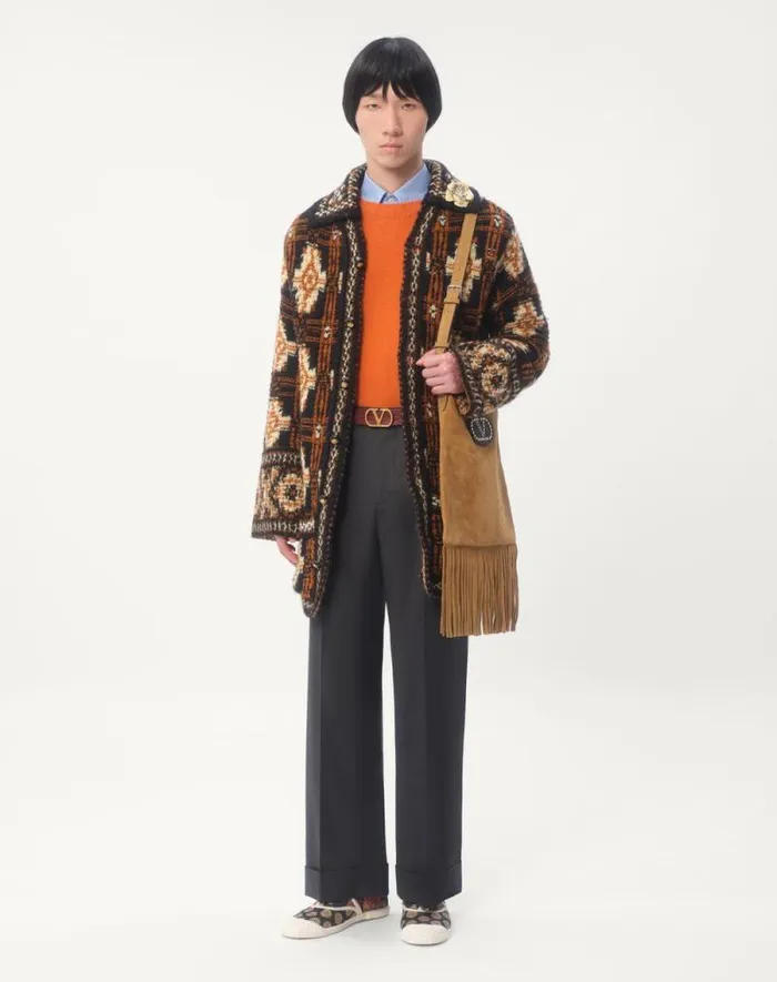 Valentino Knitwear Man Shetland Wool Crewneck Sweater With Vlogo Embroidery For Man In Orange Orange