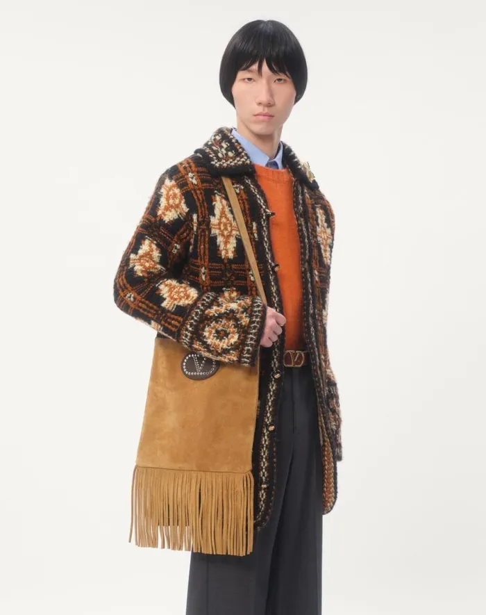 Valentino Knitwear Man Shetland Wool Crewneck Sweater With Vlogo Embroidery For Man In Orange Orange