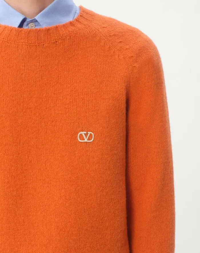 Valentino Knitwear Man Shetland Wool Crewneck Sweater With Vlogo Embroidery For Man In Orange Orange