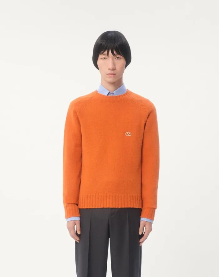 Valentino Knitwear Man Shetland Wool Crewneck Sweater With Vlogo Embroidery For Man In Orange Orange