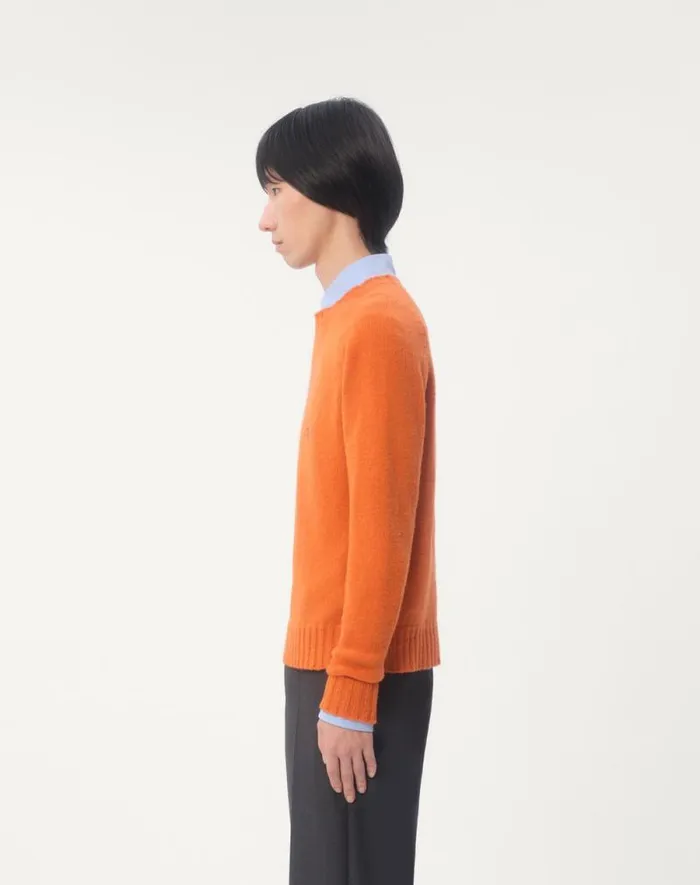 Valentino Knitwear Man Shetland Wool Crewneck Sweater With Vlogo Embroidery For Man In Orange Orange