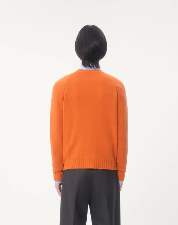 Valentino Knitwear Man Shetland Wool Crewneck Sweater With Vlogo Embroidery For Man In Orange Orange
