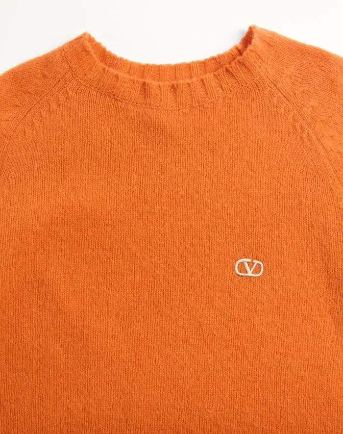 Valentino Knitwear Man Shetland Wool Crewneck Sweater With Vlogo Embroidery For Man In Orange Orange