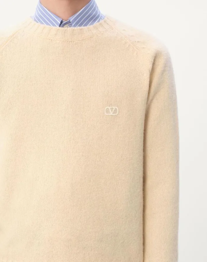 Valentino Knitwear Man Shetland Wool Crewneck Sweater With Vlogo Embroidery For Man In Orange Orange