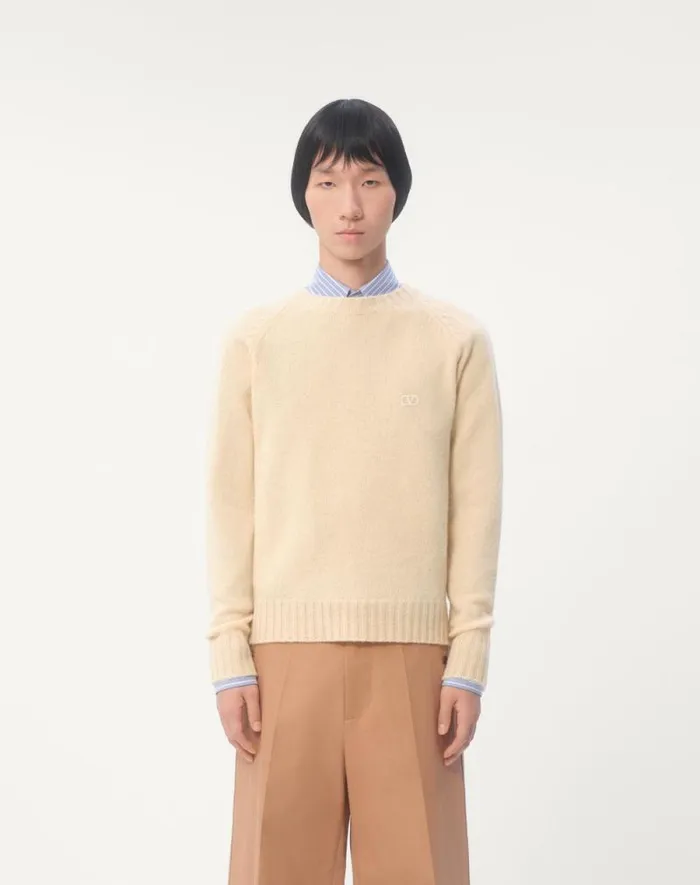 Valentino Knitwear Man Shetland Wool Crewneck Sweater With Vlogo Embroidery For Man In Orange Orange