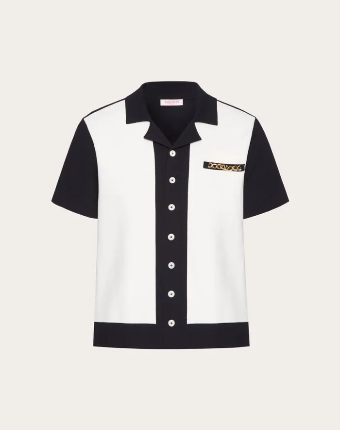 Valentino Knitwear Man Viscose Bowling Shirt With Vlogo Chain And Valentino Embroidery For Man In Navyivory Navyivory Valentino Knitwear Man Viscose Bowling Shirt With Vlogo Chain And Valentino Embroidery For Man In Navyivory Navyivory