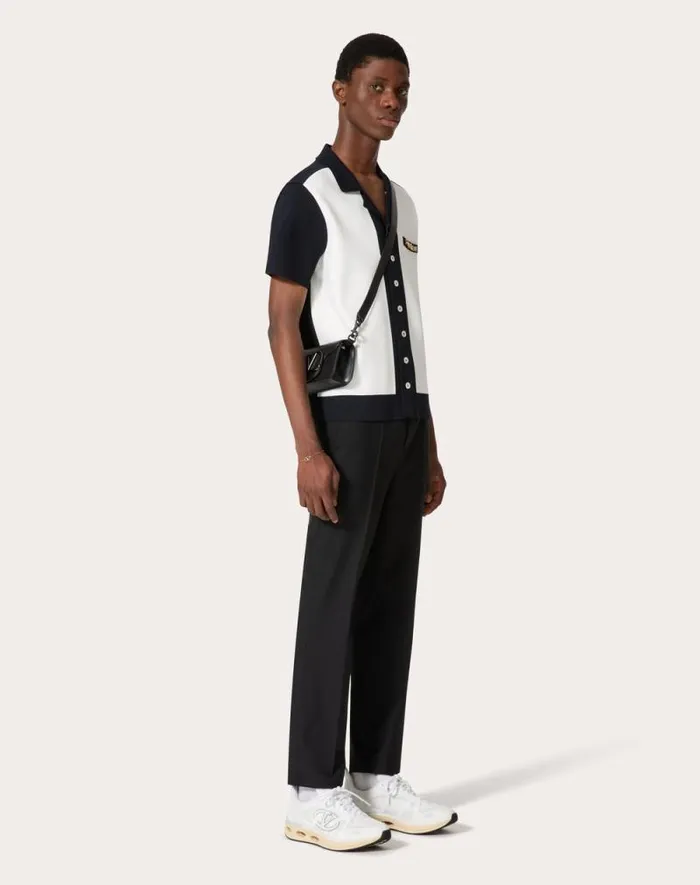 Valentino Knitwear Man Viscose Bowling Shirt With Vlogo Chain And Valentino Embroidery For Man In Navyivory Navyivory
