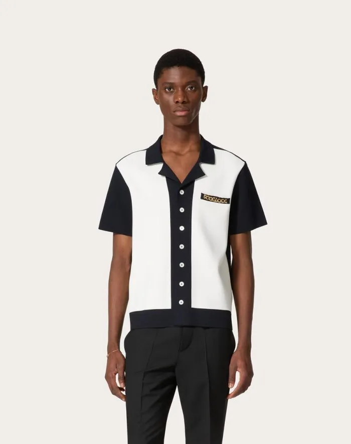 Valentino Knitwear Man Viscose Bowling Shirt With Vlogo Chain And Valentino Embroidery For Man In Navyivory Navyivory