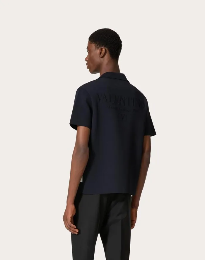 Valentino Knitwear Man Viscose Bowling Shirt With Vlogo Chain And Valentino Embroidery For Man In Navyivory Navyivory