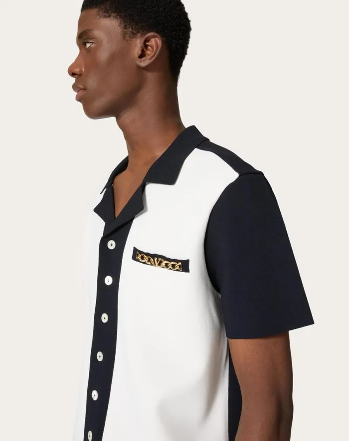 Valentino Knitwear Man Viscose Bowling Shirt With Vlogo Chain And Valentino Embroidery For Man In Navyivory Navyivory