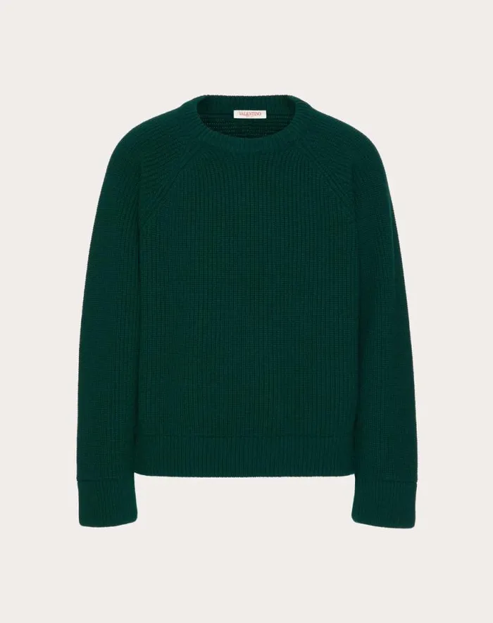 Valentino Knitwear Man Wool Crewneck Sweater For Man In Dark Green Dark Green